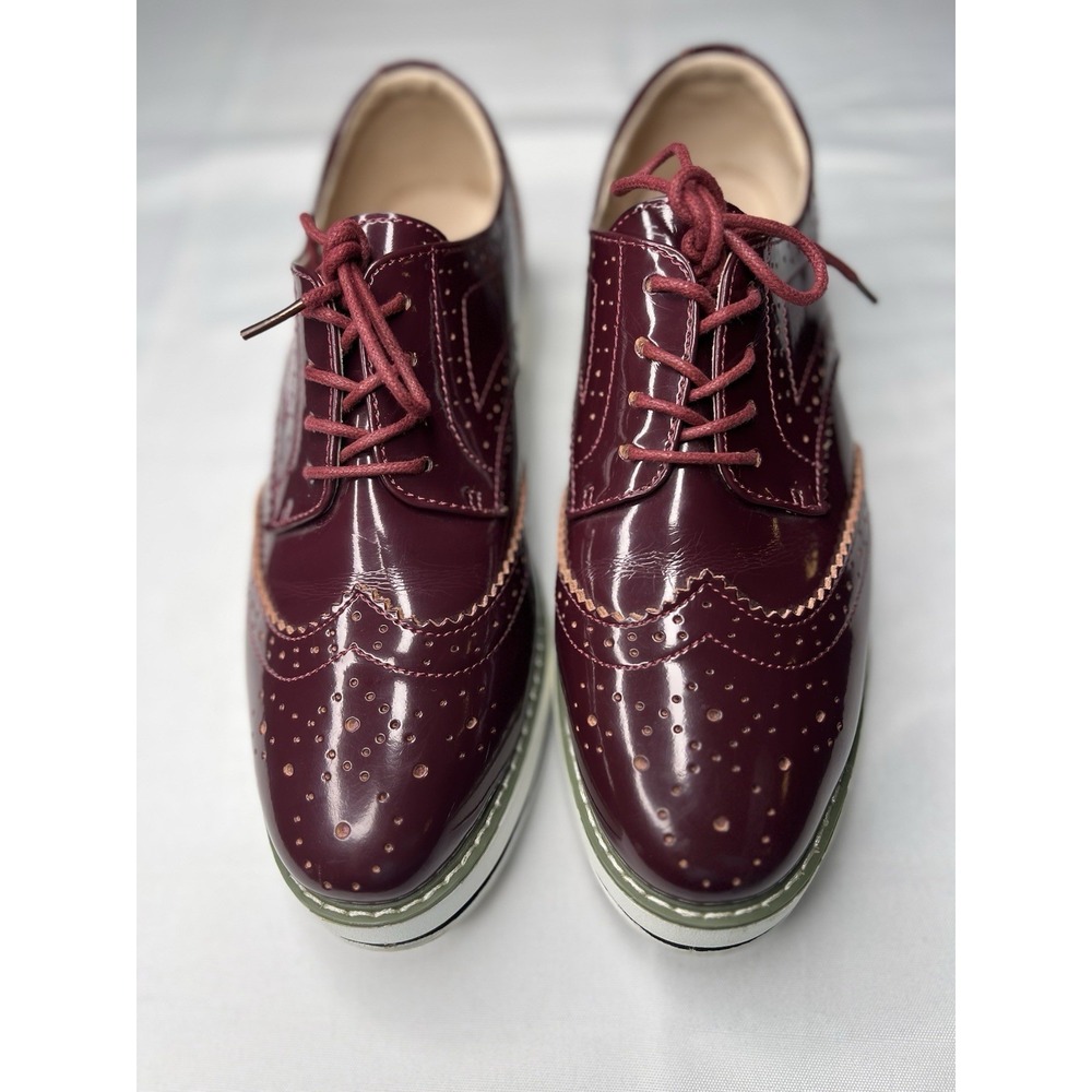DADAWEN Women's EU 41 Burgundy Patent Platform Wingtip Oxford Shoes 9.5/10